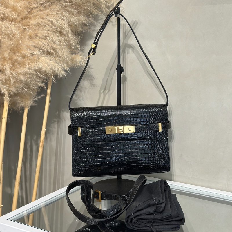 YSL 鱷魚壓紋曼哈頓 - 小號黑金-7