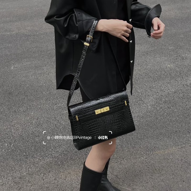 YSL 鱷魚壓紋曼哈頓 - 小號黑金-8