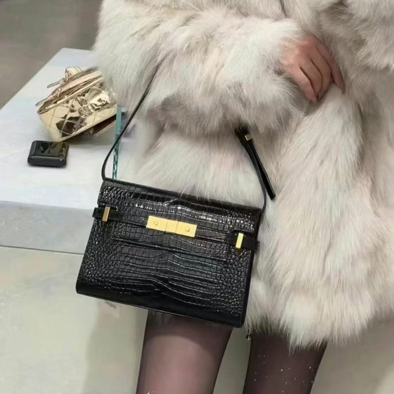 YSL 鱷魚壓紋曼哈頓 - 小號黑金-9