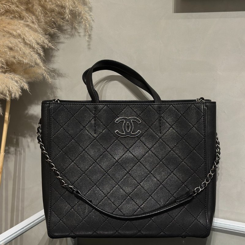 CHANEL 皮釦雙C單肩托特包 - 黑銀18開-0