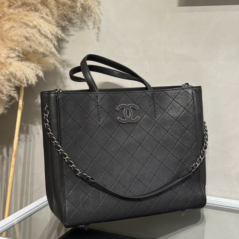 CHANEL 皮釦雙C單肩托特包 - 黑銀18開-2
