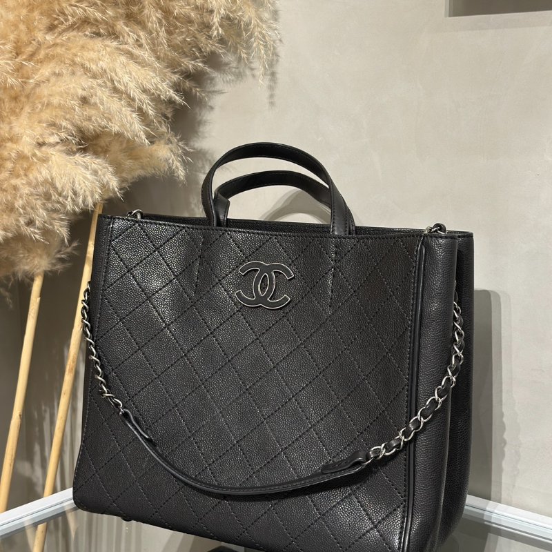 CHANEL 皮釦雙C單肩托特包 - 黑銀18開-3