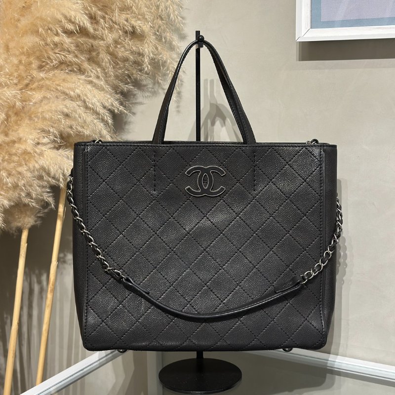 CHANEL 皮釦雙C單肩托特包 - 黑銀18開-17