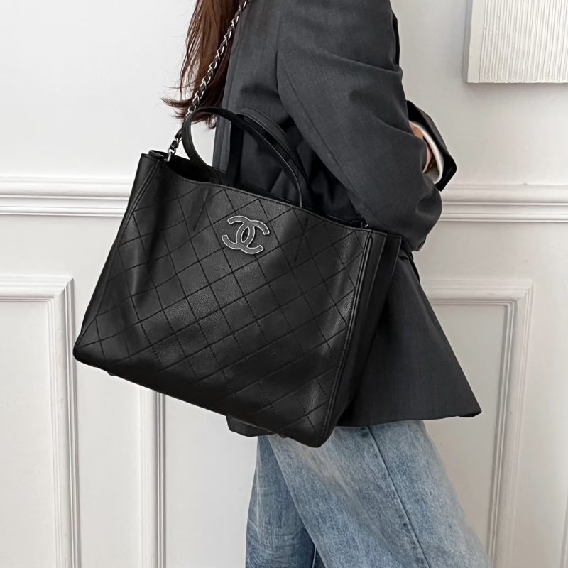 CHANEL 皮釦雙C單肩托特包 - 黑銀18開-19
