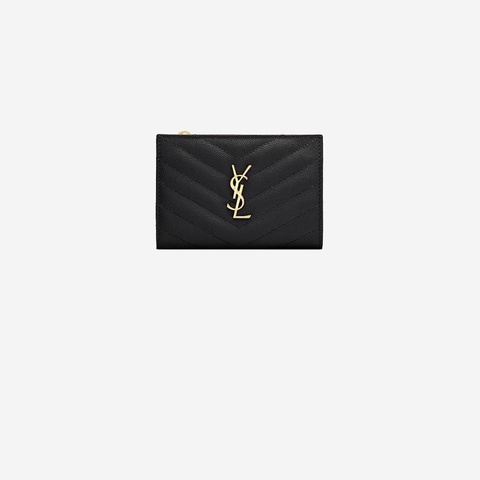 YSL MONOGRAM粒面壓紋皮革拉鏈兩摺錢包
