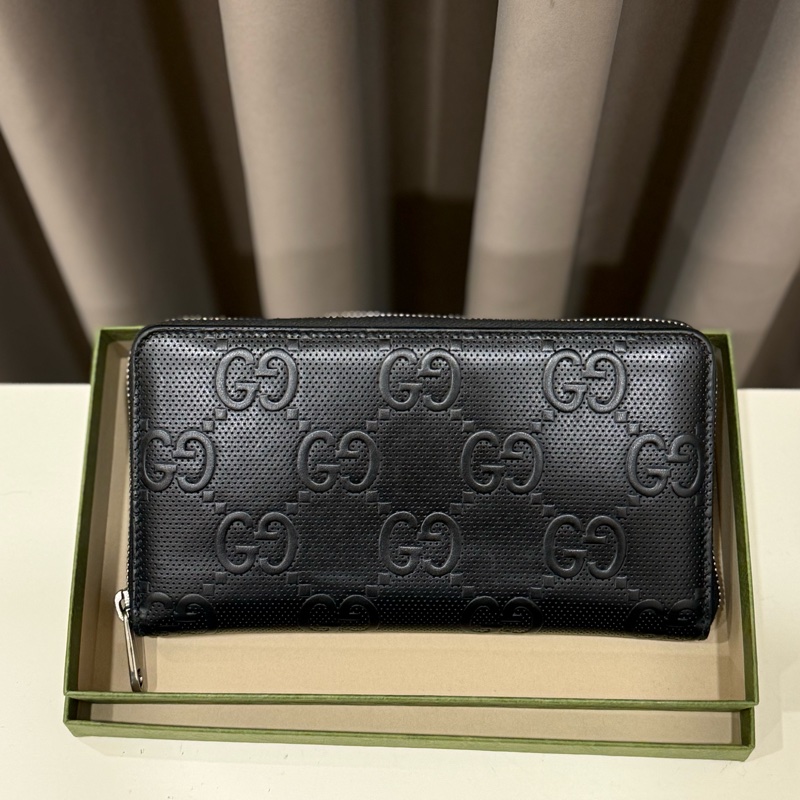 GUCCI 古馳embossed 浮印菱形紋雙G皮革拉鍊大長夾-0
