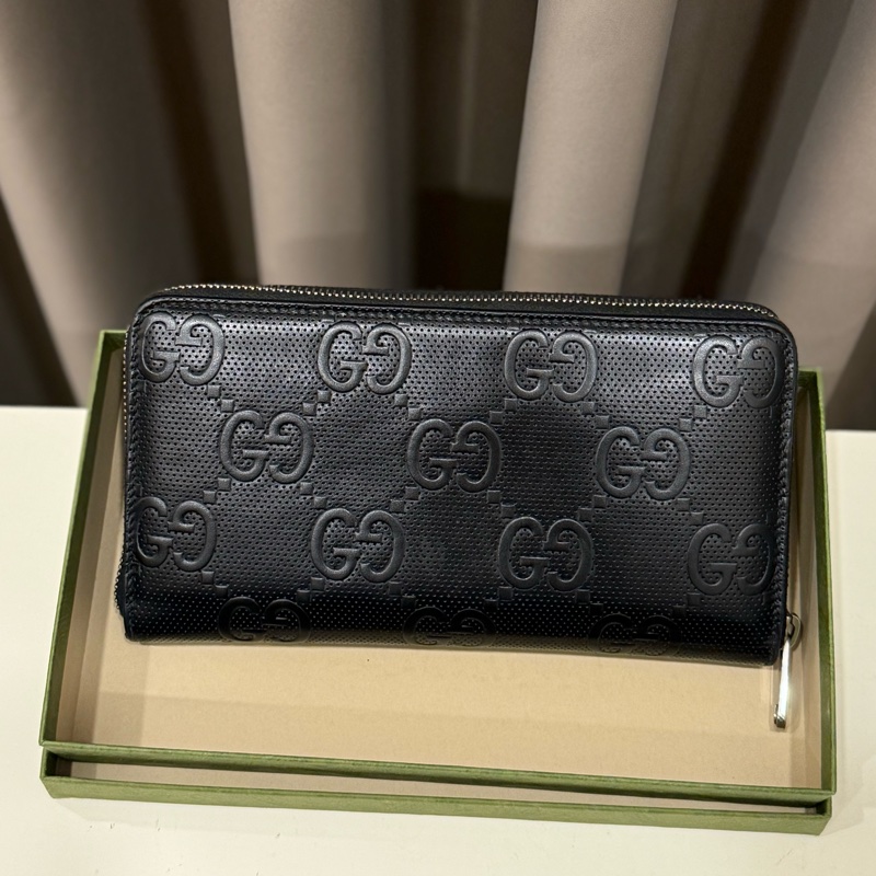 GUCCI 古馳embossed 浮印菱形紋雙G皮革拉鍊大長夾-1