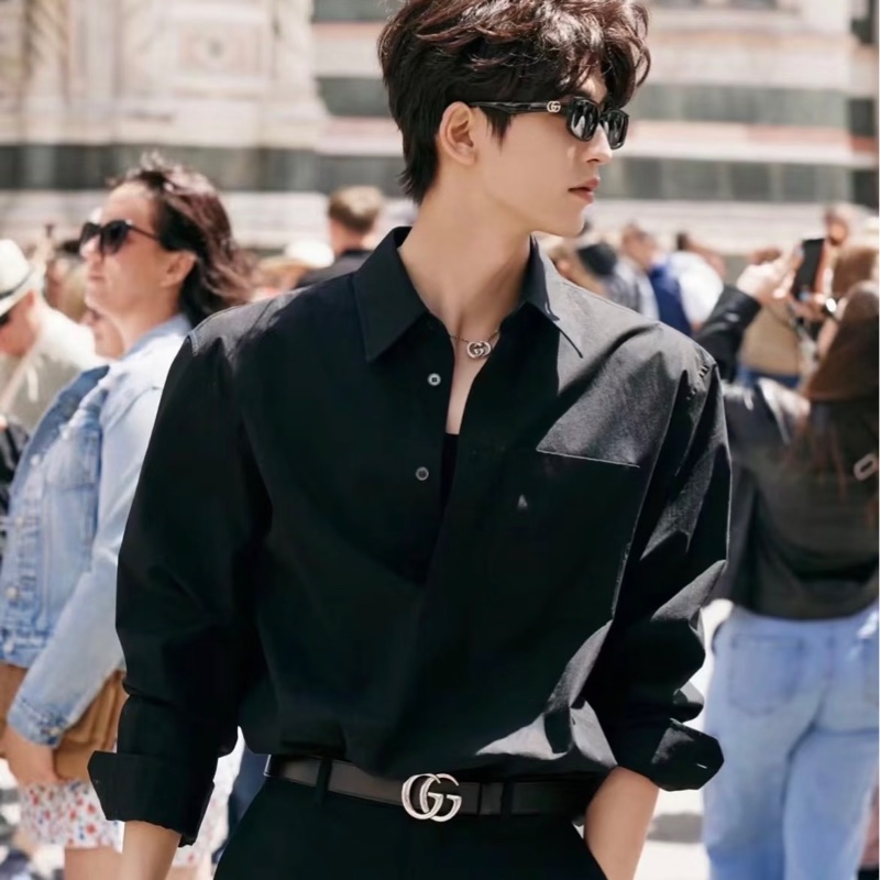 Gucci 黑色老花暗紋滿版皮帶GG雙色金屬釦頭-0