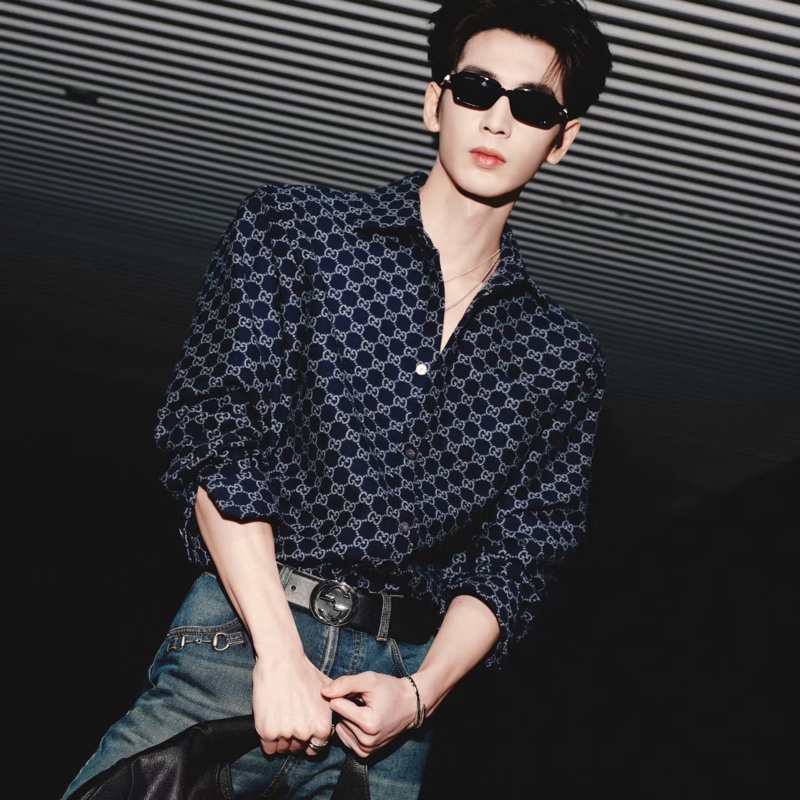 Gucci 黑色老花暗紋滿版皮帶GG雙色金屬釦頭-2