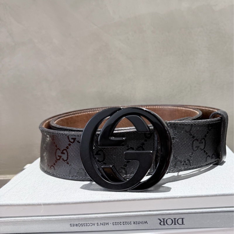 Gucci 黑色老花暗紋滿版皮帶GG雙色金屬釦頭-4