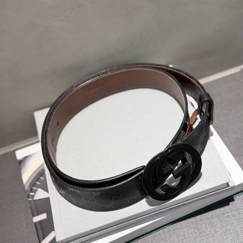 Gucci 黑色老花暗紋滿版皮帶GG雙色金屬釦頭-5