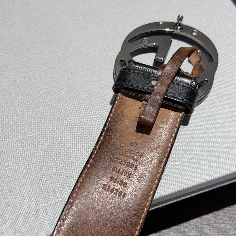 Gucci 黑色老花暗紋滿版皮帶GG雙色金屬釦頭-6