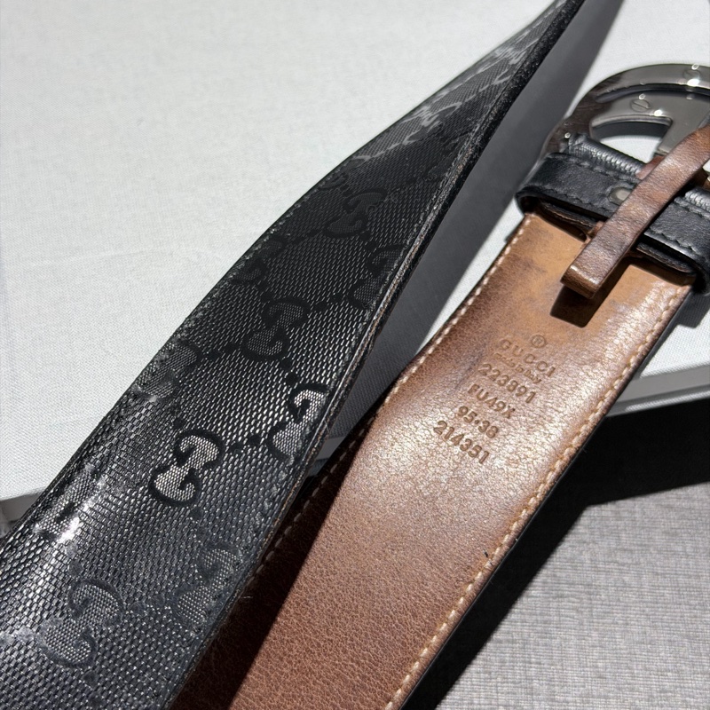 Gucci 黑色老花暗紋滿版皮帶GG雙色金屬釦頭-7