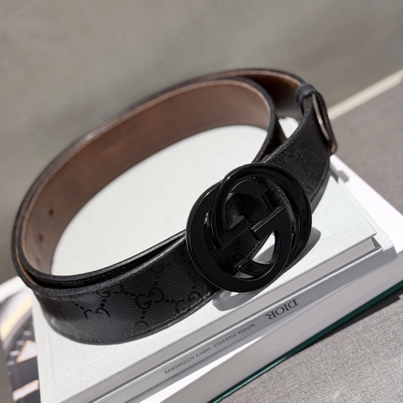 Gucci 黑色老花暗紋滿版皮帶GG雙色金屬釦頭-8