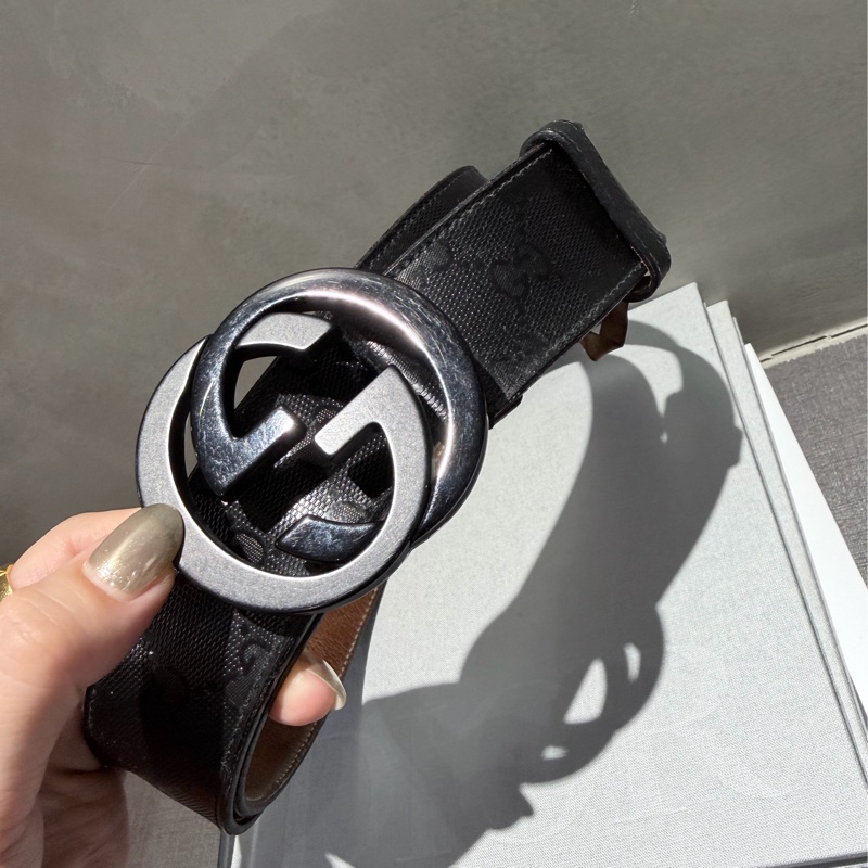 Gucci 黑色老花暗紋滿版皮帶GG雙色金屬釦頭-9
