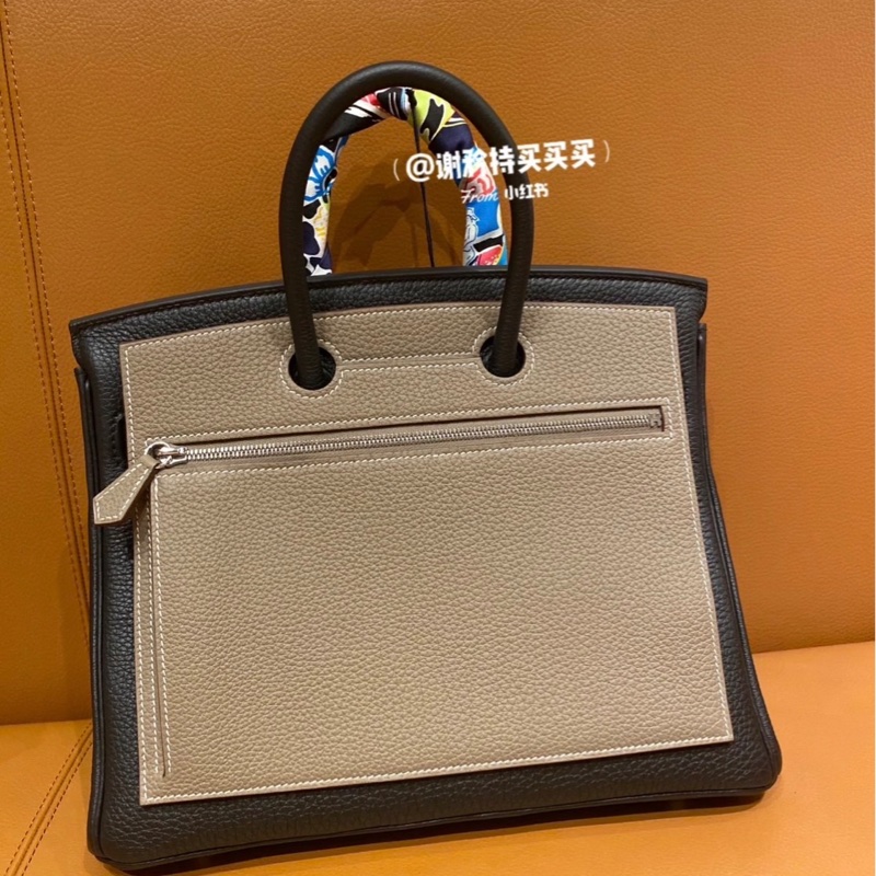 Hermes 罕見品 99新閒置 大象灰Birkin25後加掛小袋-5