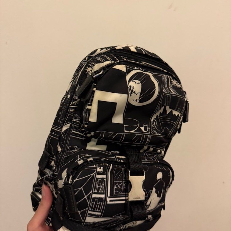 PRADA  2VZ013 限量 黑白尼龍 漫畫 單肩包-0