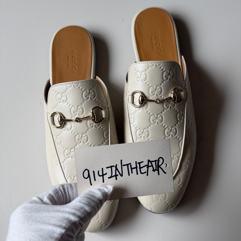 914intheair『全新閒置』Gucci GG印花白色牛皮穆勒拖39/24.5-3