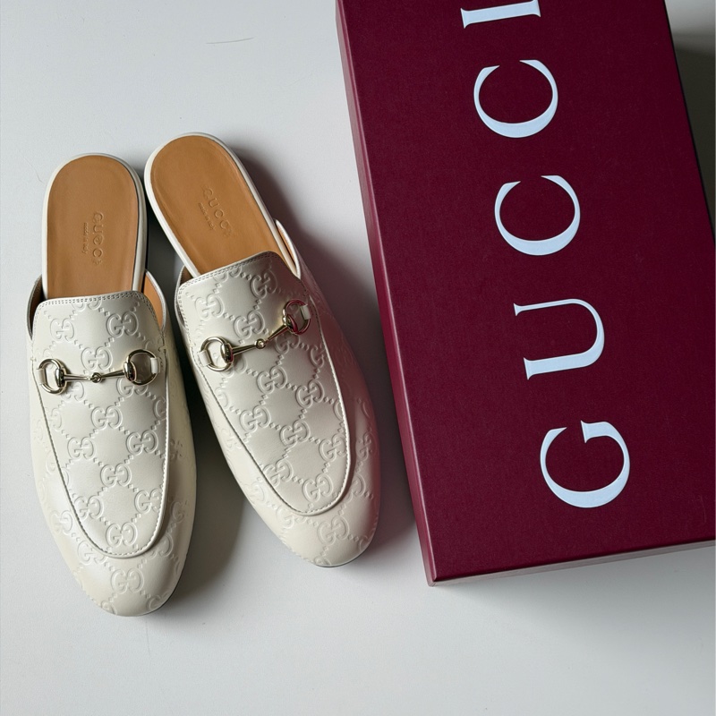 914intheair『全新閒置』Gucci GG印花白色牛皮穆勒拖39/24.5-4