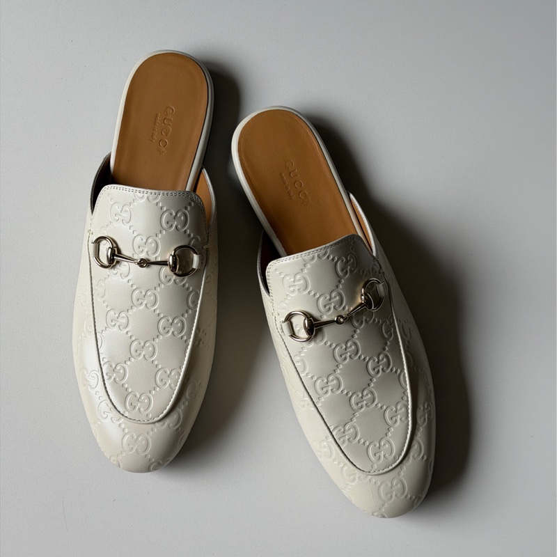 914intheair『全新閒置』Gucci GG印花白色牛皮穆勒拖39/24.5-5
