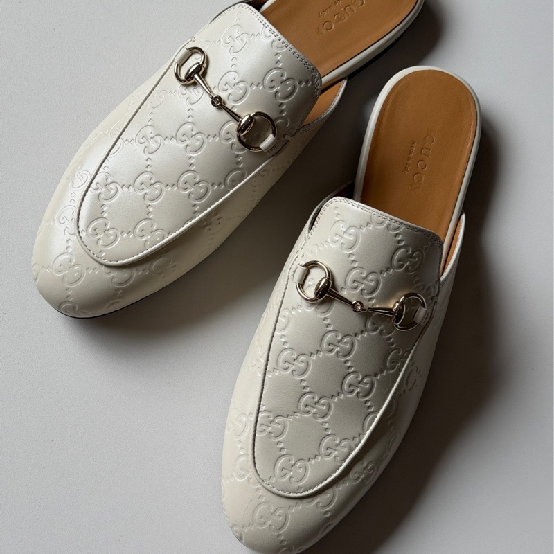 914intheair『全新閒置』Gucci GG印花白色牛皮穆勒拖39/24.5-6