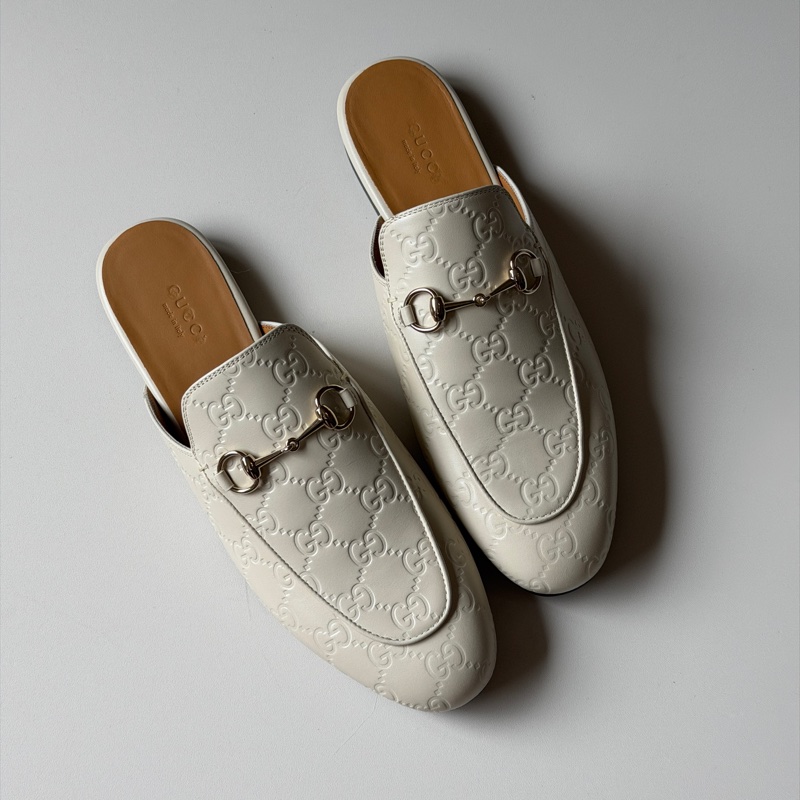 914intheair『全新閒置』Gucci GG印花白色牛皮穆勒拖39/24.5-7