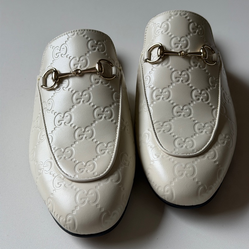 914intheair『全新閒置』Gucci GG印花白色牛皮穆勒拖39/24.5-8