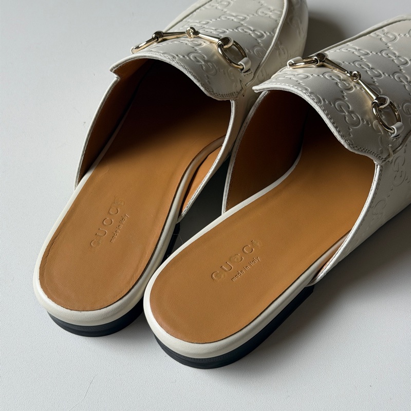 914intheair『全新閒置』Gucci GG印花白色牛皮穆勒拖39/24.5-9