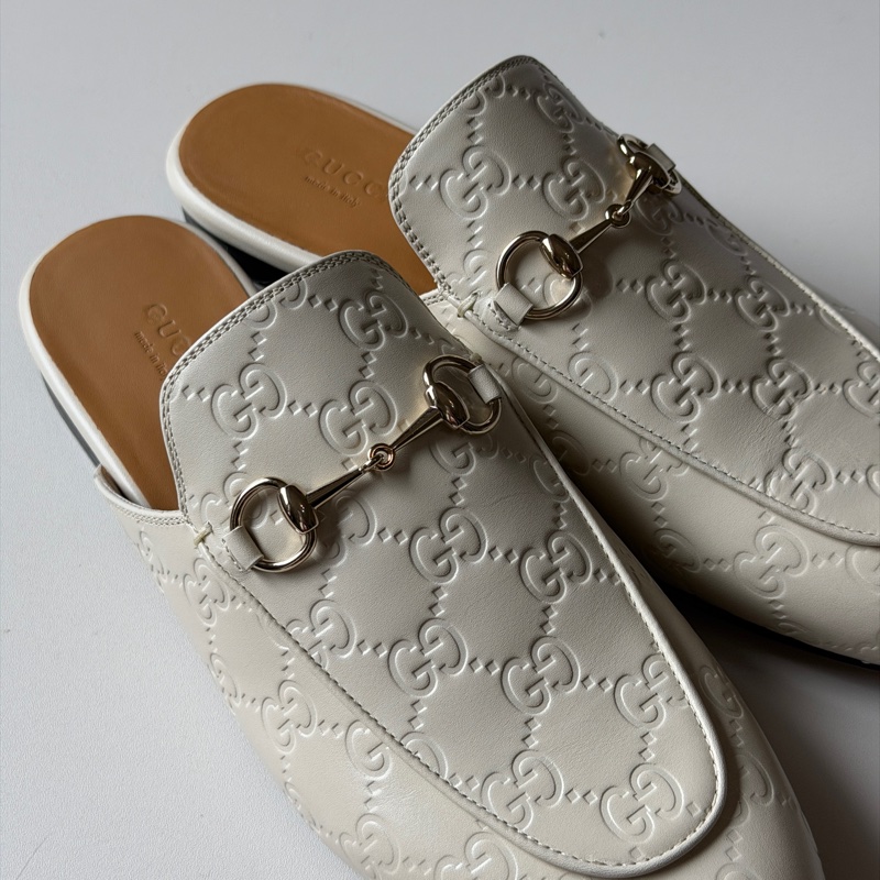 914intheair『全新閒置』Gucci GG印花白色牛皮穆勒拖39/24.5-10