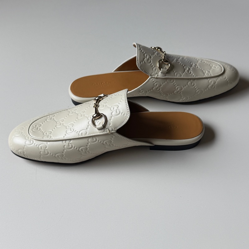 914intheair『全新閒置』Gucci GG印花白色牛皮穆勒拖39/24.5-11