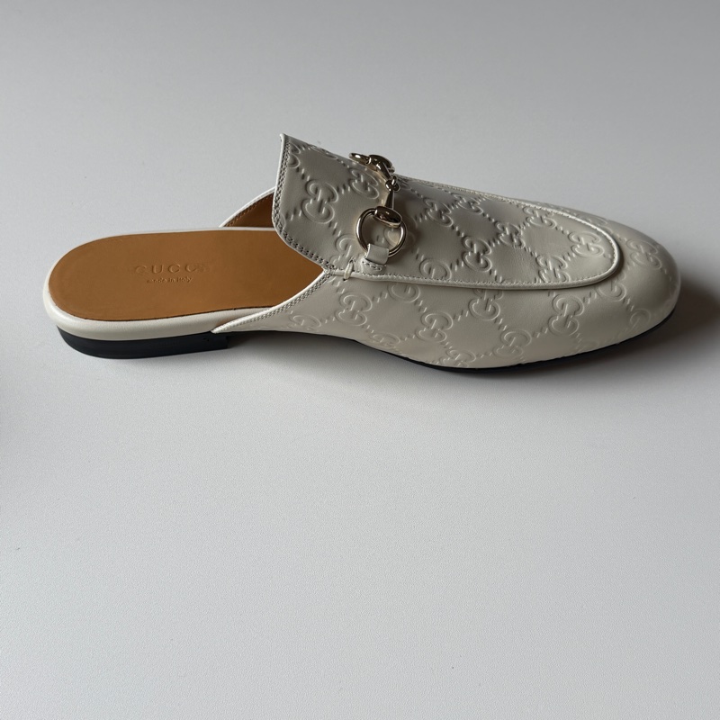 914intheair『全新閒置』Gucci GG印花白色牛皮穆勒拖39/24.5-12