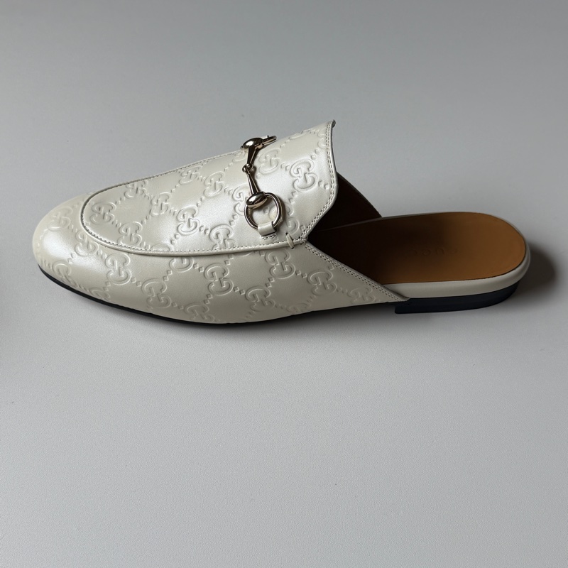 914intheair『全新閒置』Gucci GG印花白色牛皮穆勒拖39/24.5-14