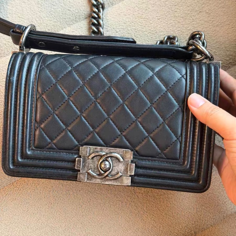 CHANEL香奈兒黑銀光面牛皮小號leboy鏈條包 單肩斜挎包 Le boy 20 leboy20-0