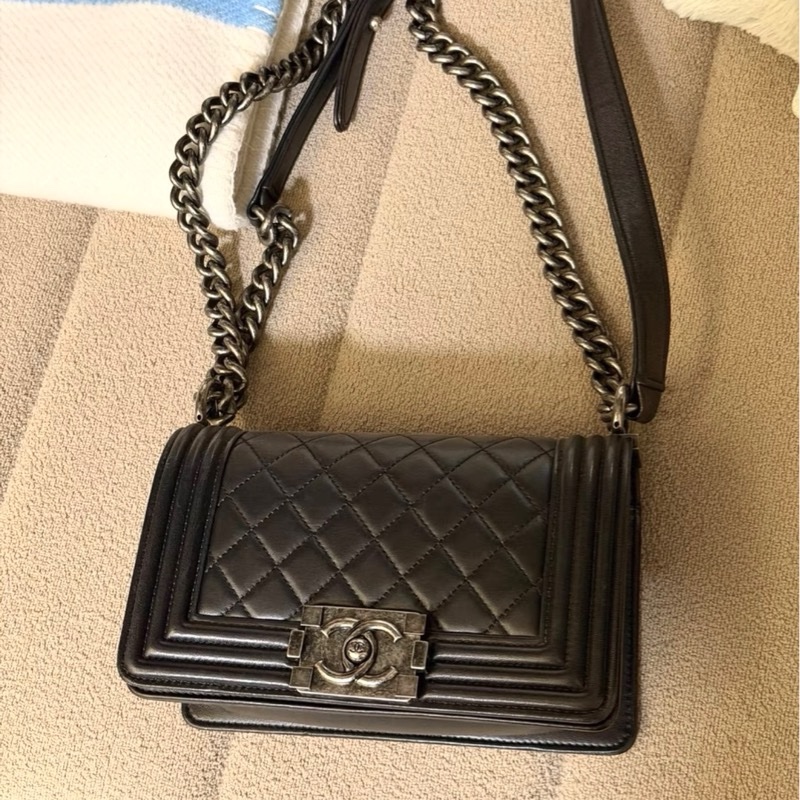 CHANEL香奈兒黑銀光面牛皮小號leboy鏈條包 單肩斜挎包 Le boy 20 leboy20-4