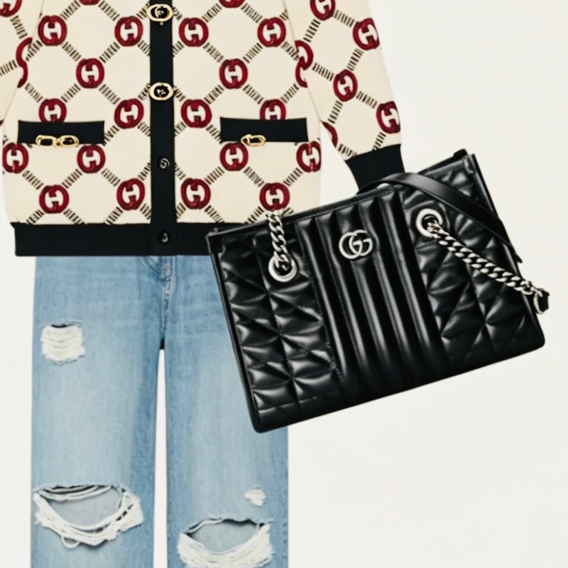 GUCCI古馳GG Marmont幾系列黑色縺條全皮托特包 👜-0