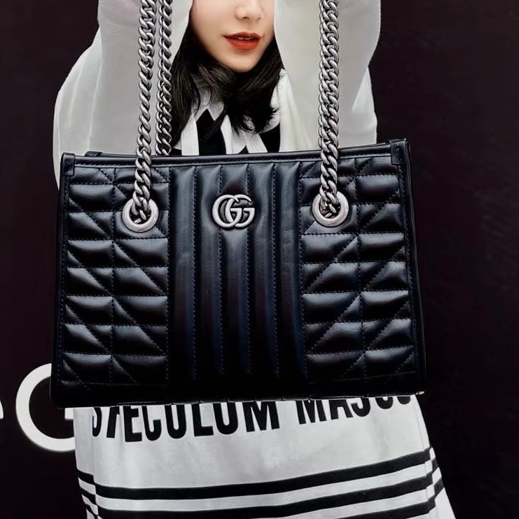 GUCCI古馳GG Marmont幾系列黑色縺條全皮托特包 👜-5