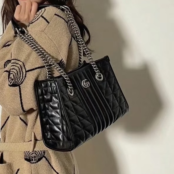 GUCCI古馳GG Marmont幾系列黑色縺條全皮托特包 👜-7