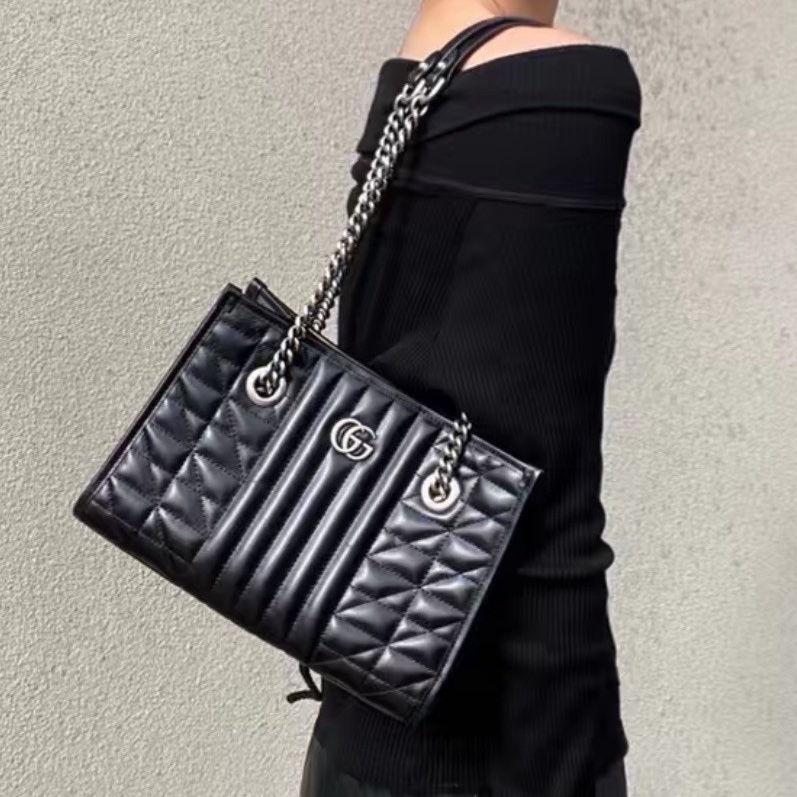 GUCCI古馳GG Marmont幾系列黑色縺條全皮托特包 👜-9