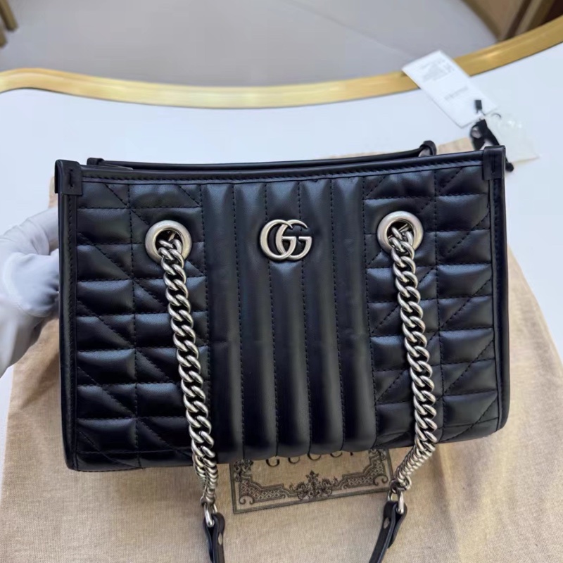 GUCCI古馳GG Marmont幾系列黑色縺條全皮托特包 👜-11