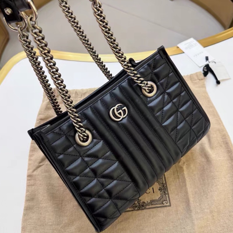 GUCCI古馳GG Marmont幾系列黑色縺條全皮托特包 👜-12