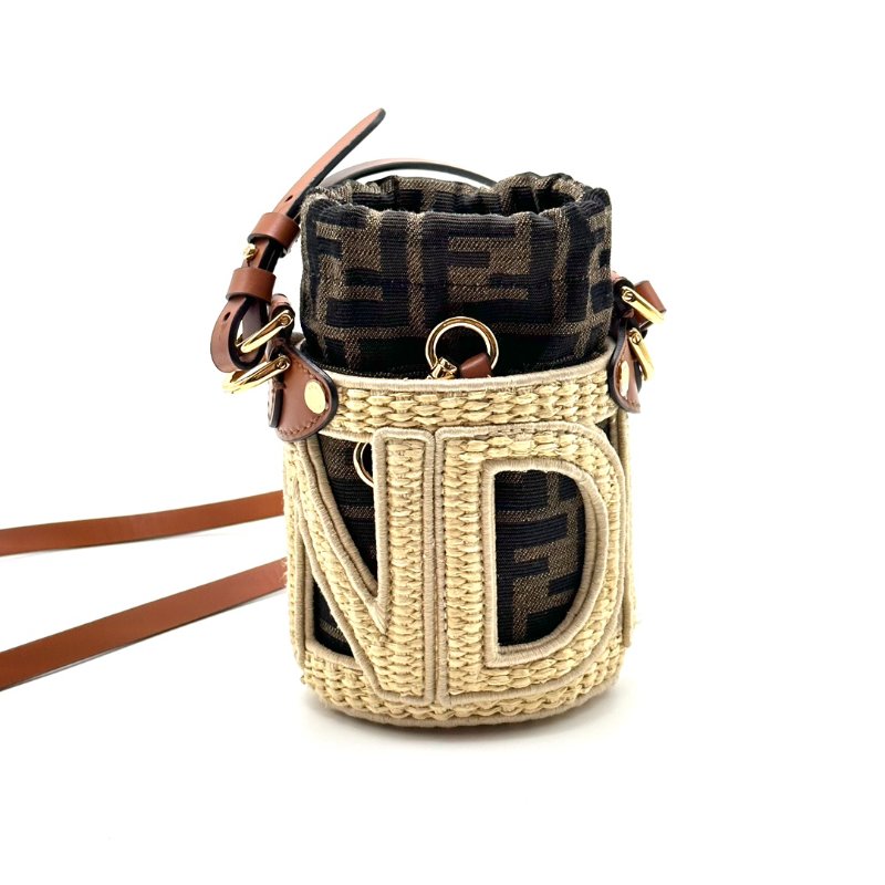 FENDI 迷你Step out拉菲草編織 水桶肩背斜背包9*14*7.5 98新配件塵袋-5