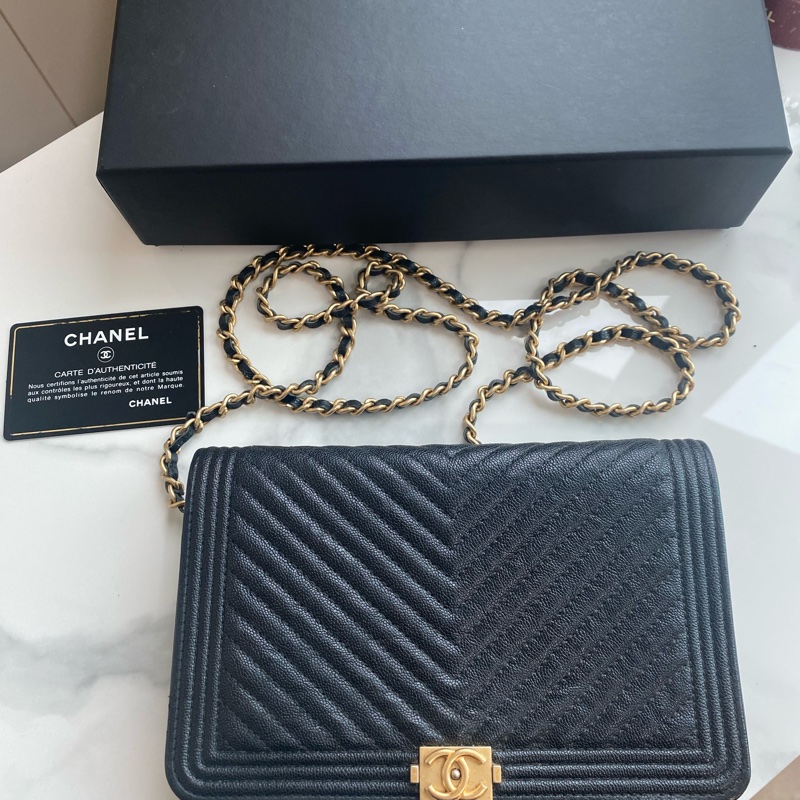 Chanel 黑金v紋leboy 荔枝牛皮woc-0