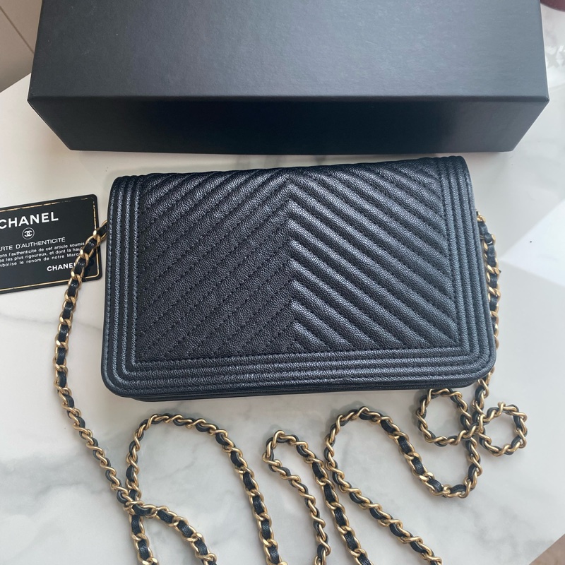 Chanel 黑金v紋leboy 荔枝牛皮woc-1
