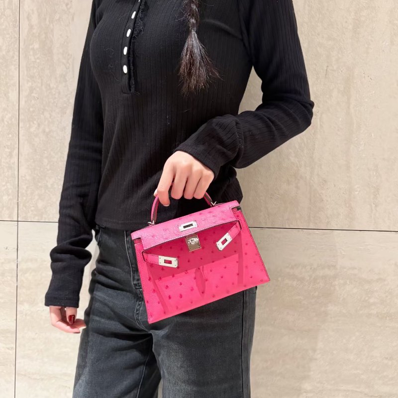 Hermes minikelly二代  鴕鳥皮 糖果粉銀扣19*6*11 98新配件肩帶 塵袋-1