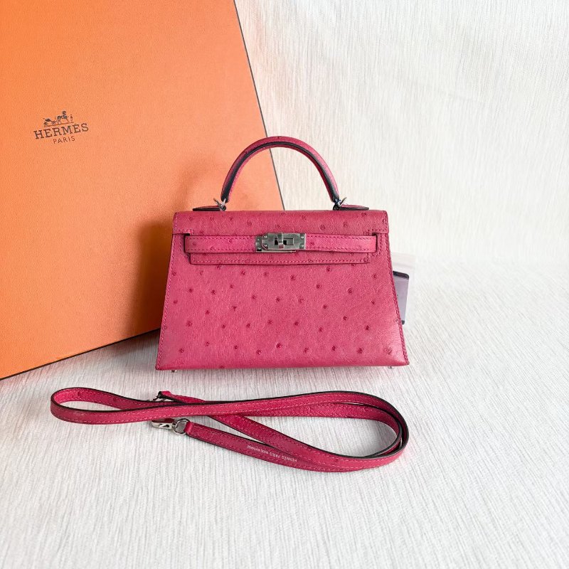 Hermes minikelly二代  鴕鳥皮 糖果粉銀扣19*6*11 98新配件肩帶 塵袋-2