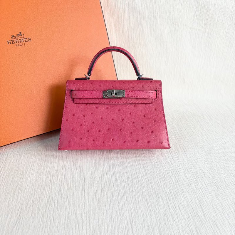 Hermes minikelly二代  鴕鳥皮 糖果粉銀扣19*6*11 98新配件肩帶 塵袋-3