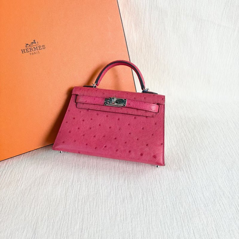Hermes minikelly二代  鴕鳥皮 糖果粉銀扣19*6*11 98新配件肩帶 塵袋-4