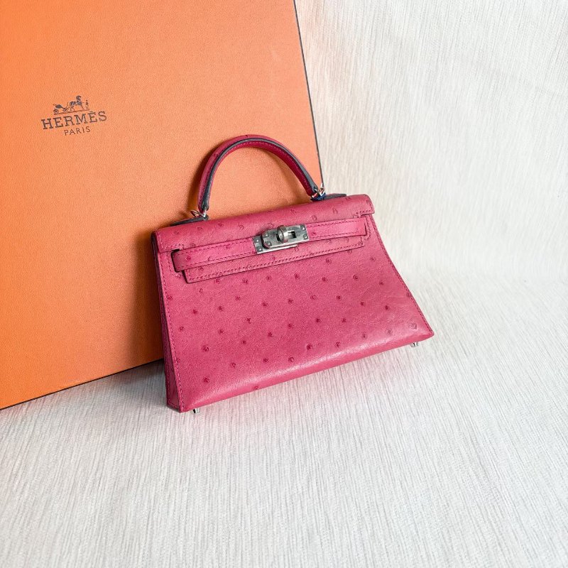 Hermes minikelly二代  鴕鳥皮 糖果粉銀扣19*6*11 98新配件肩帶 塵袋-5