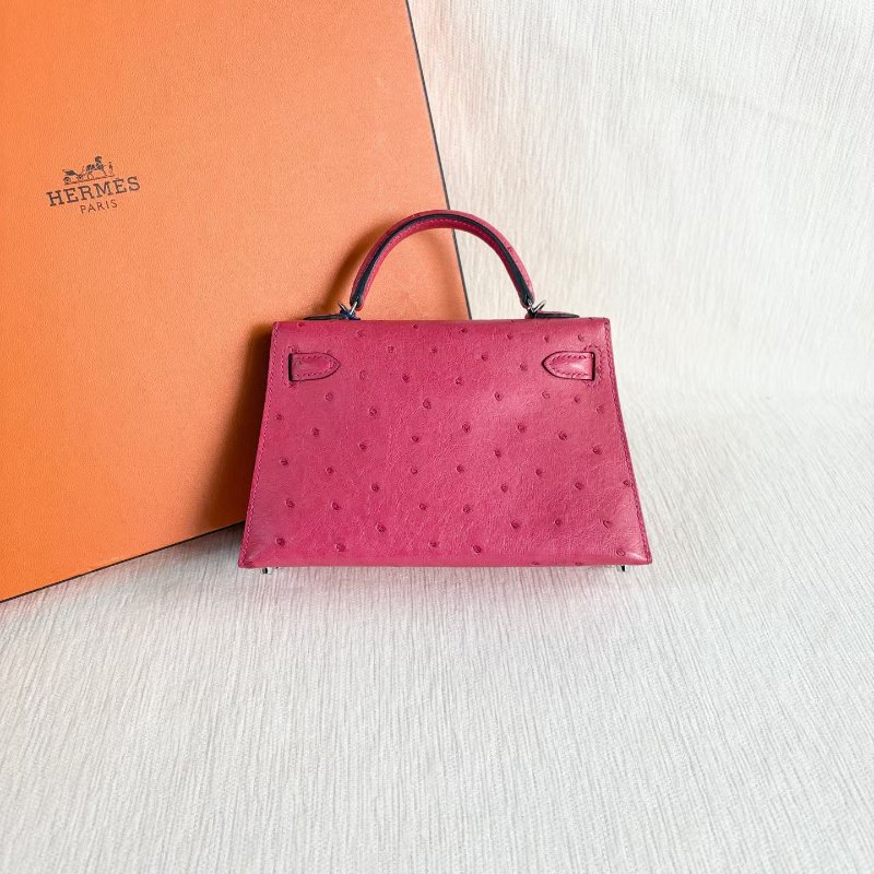 Hermes minikelly二代  鴕鳥皮 糖果粉銀扣19*6*11 98新配件肩帶 塵袋-6