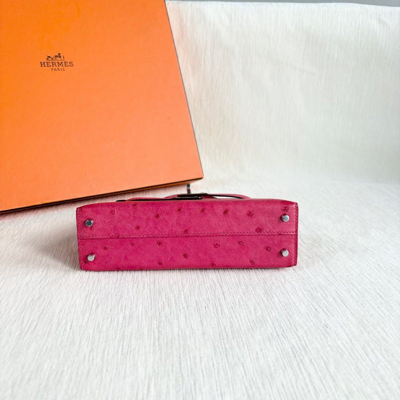 Hermes minikelly二代  鴕鳥皮 糖果粉銀扣19*6*11 98新配件肩帶 塵袋-7